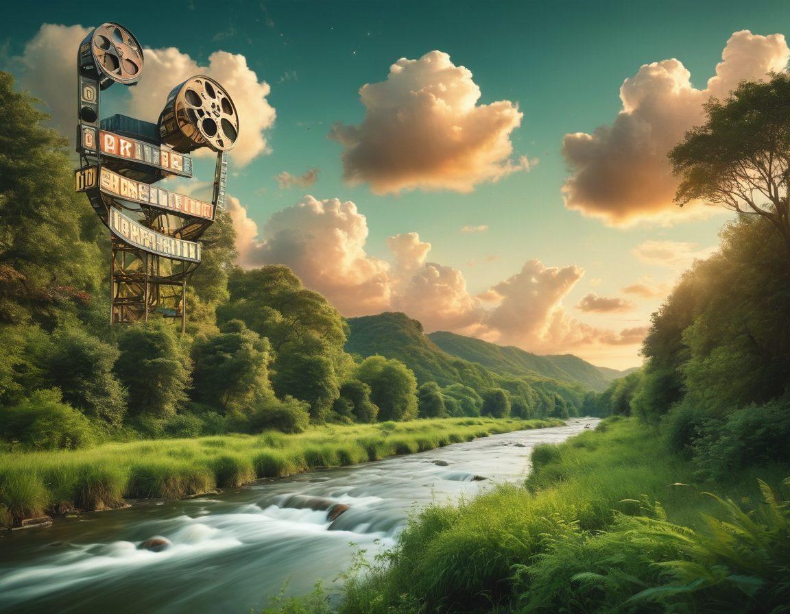A vibrant film reel unraveling through an enchanting landscape filled with iconic movie scenes, including vintage cinema icons and modern blockbusters. A flowing river of filmstrip blends with lush greenery representing preservation of cinema, while shimmering lights reflect the joy of discovery. Above, a bright sky filled with clouds shaped like famous film characters. retro vintage style. vibrant colors. cinematic atmosphere.