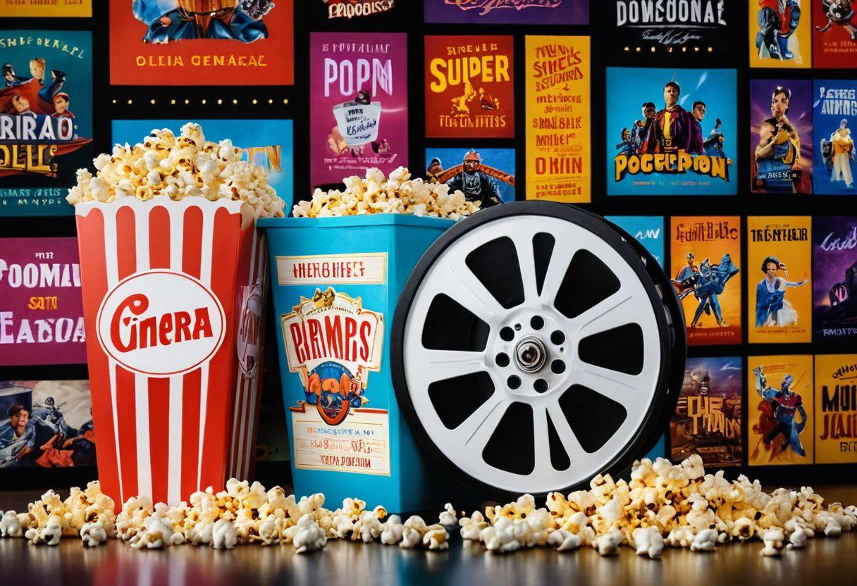 A dazzling film reel unspooling with vibrant visuals of classic and modern films, surrounded by sparkling gems representing the treasures of cinema. Include a digital screen in the background showcasing a diverse selection of movie posters, and a popcorn bucket overflowing in the foreground, adding a playful touch. The color palette should be rich and captivating, evoking a sense of nostalgia and excitement for film enthusiasts. super-realistic. vibrant colors. cinematic atmosphere.